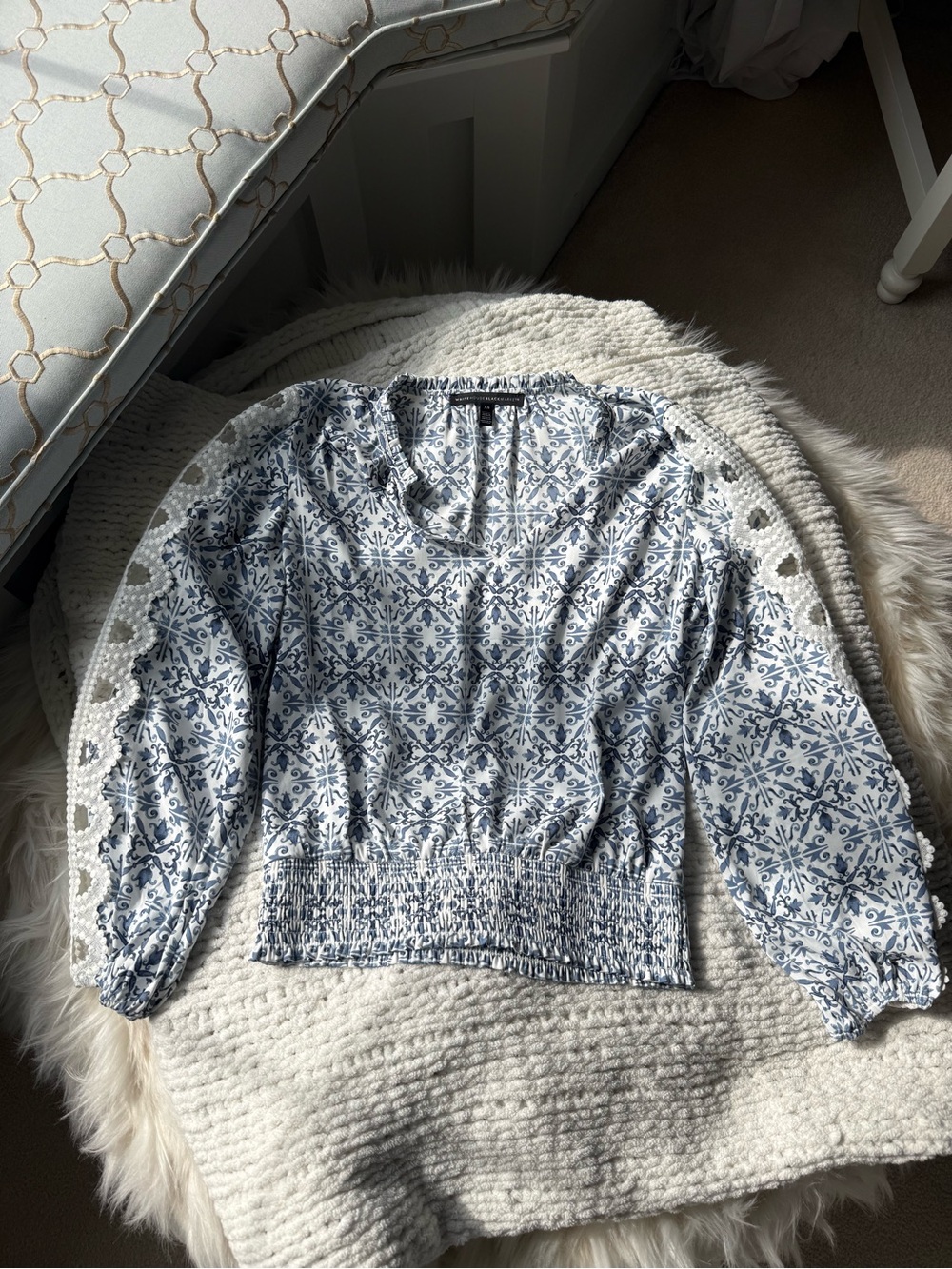 White House Black Market - Blue and White Printed Blouse
